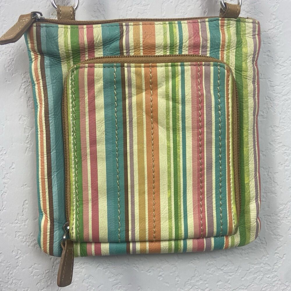 Fossil Crossbody Handbag Womens Striped Multicolor Tan Leather Trim Adjustable